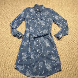 Lands End Denim Shirt Dress Womens XS 2-4 Floral Long Sleeve Pockets Belted